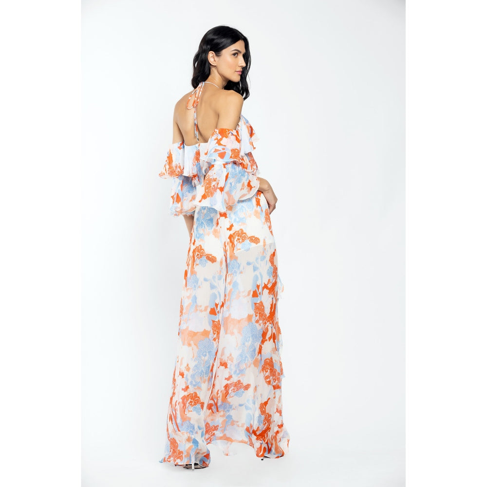 MANDIRA WIRK Chiffon Printed Crop Top with Printed Pants Ivory & Orange (Set of 2)