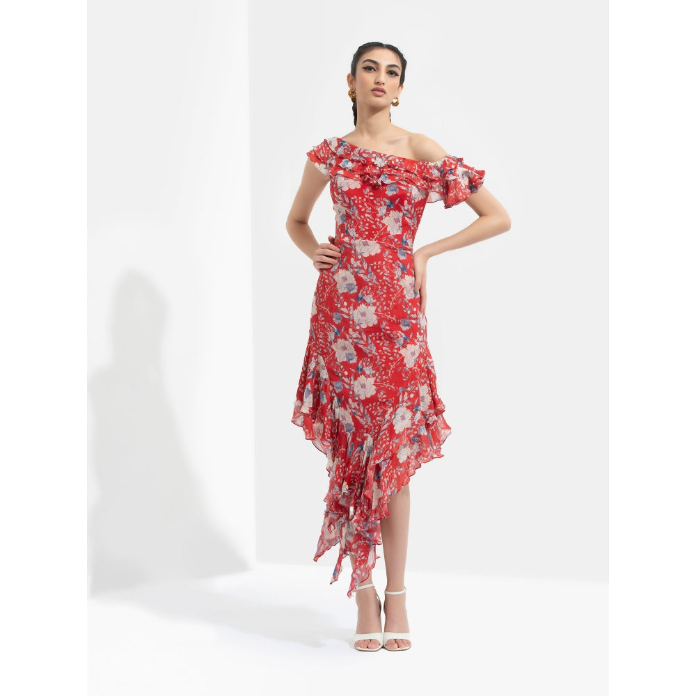 MANDIRA WIRK Ajisia Printed One Off Shoulder Dress Red