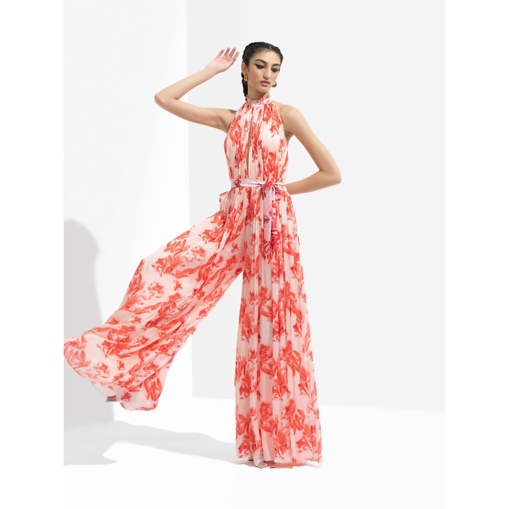 MANDIRA WIRK Mirrai Printed Low Neckline Jumpsuit Peach