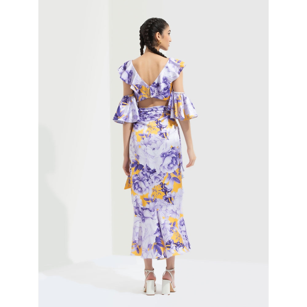 MANDIRA WIRK Sumire Printed Butterfly Bustier Paired with Wrap Skirt Blue (Set of 2)