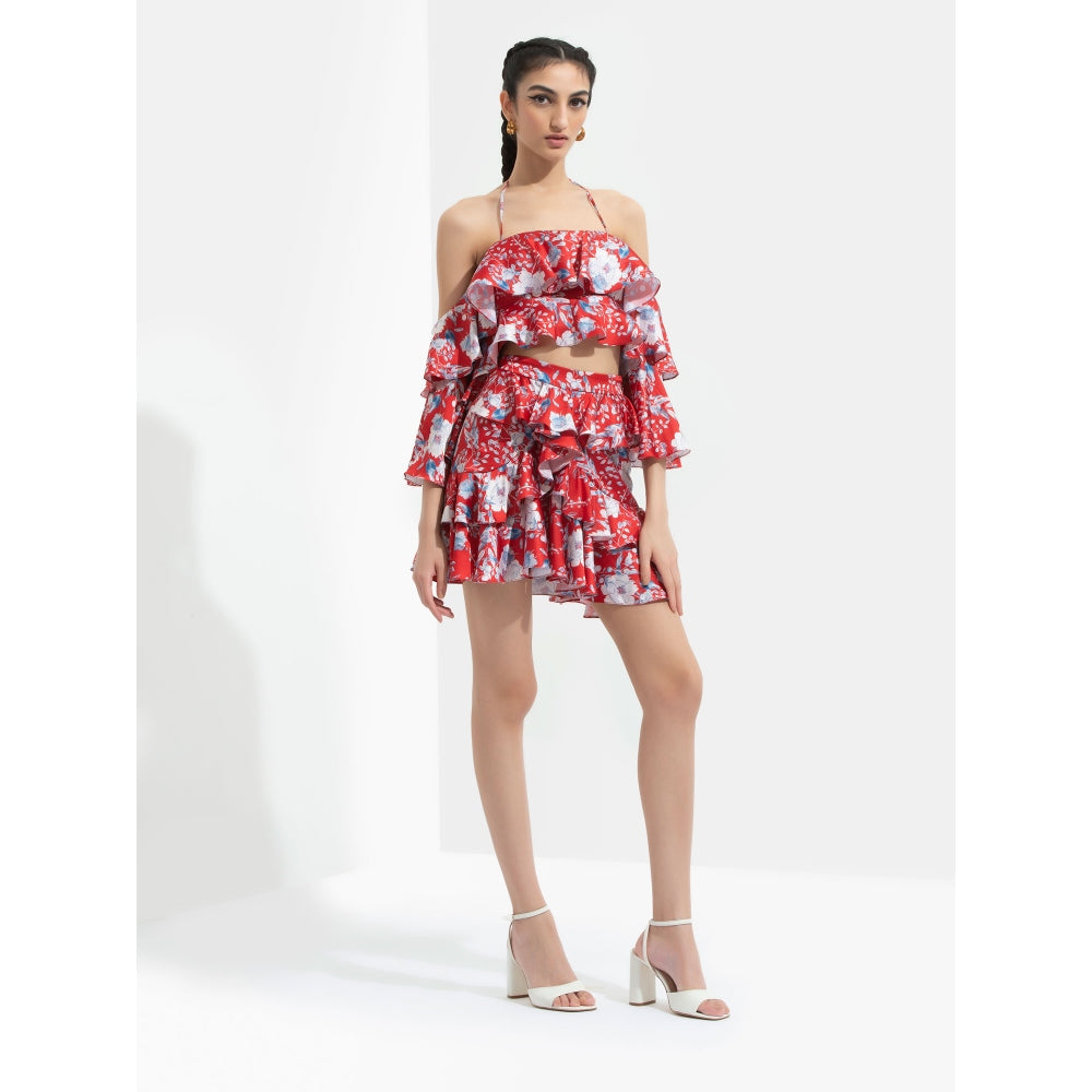 MANDIRA WIRK Ajisia Printed Cold Shoulder Blouse Paired with Short Skirt Red (Set of 2)