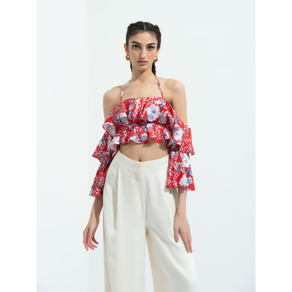 MANDIRA WIRK Ajisia Printed Cold Shoulder Crop Top Paired with Ivory Trouser Red (Set of 2)