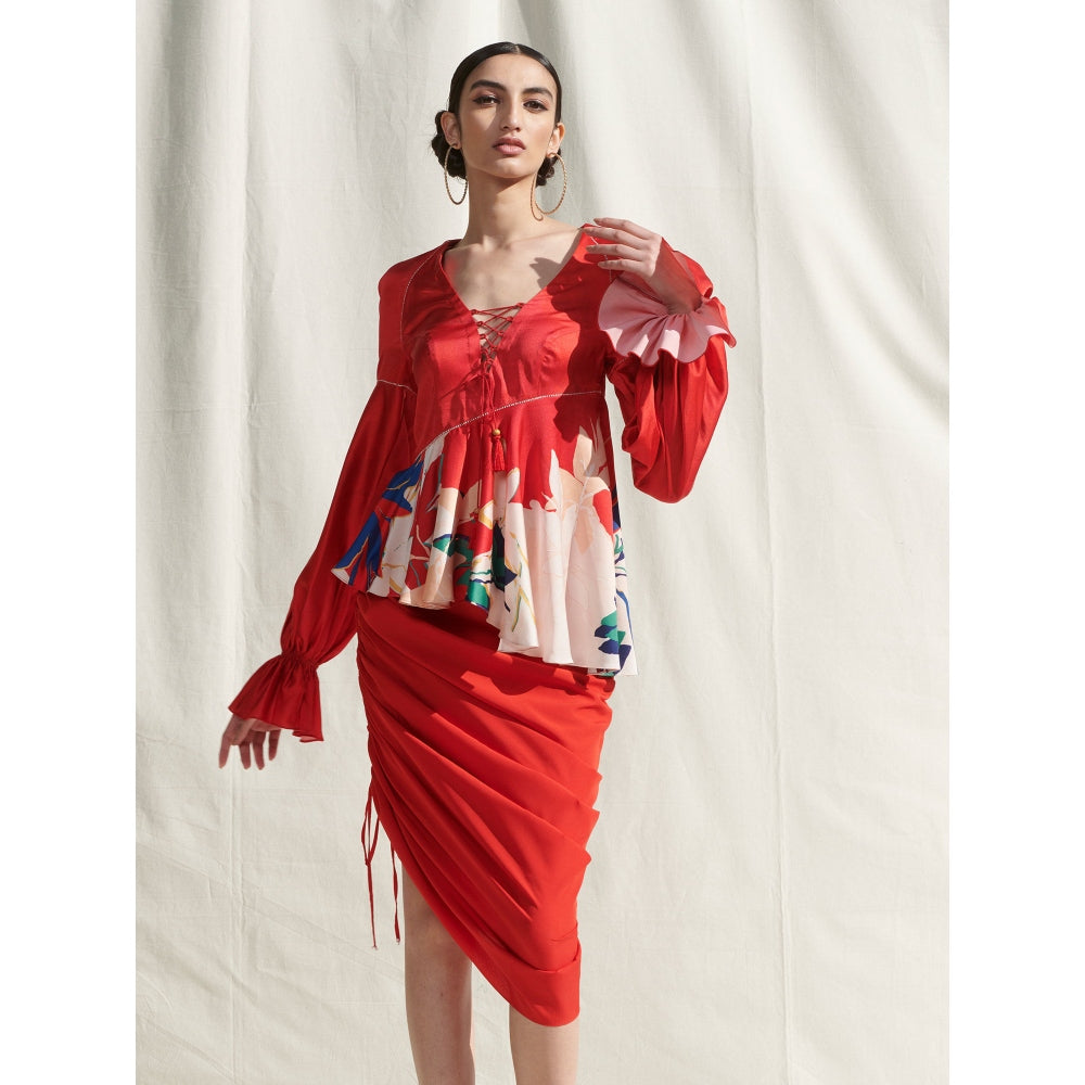 MANDIRA WIRK Peplum Top with Drape Skirt Red (Set of 2)