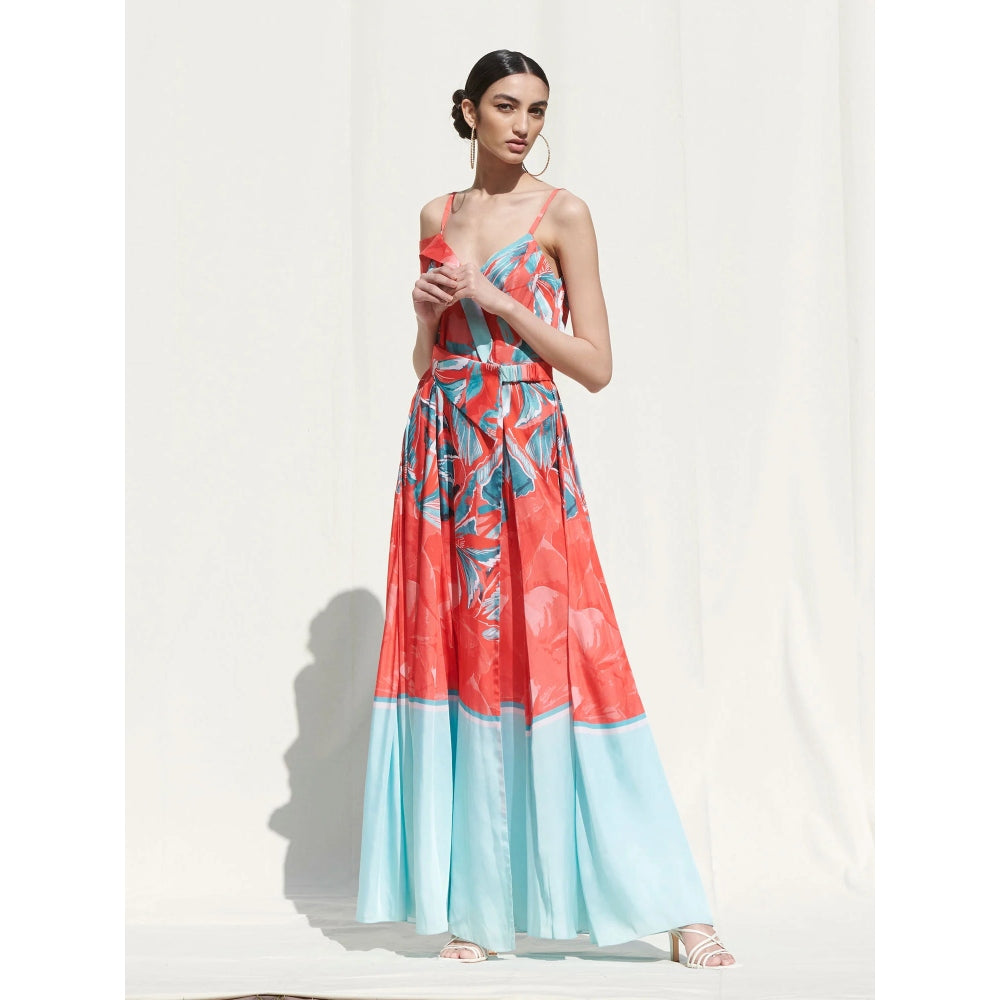 MANDIRA WIRK Wrap Panelled Dress andBelt Details Red, Blue (Set of 2)