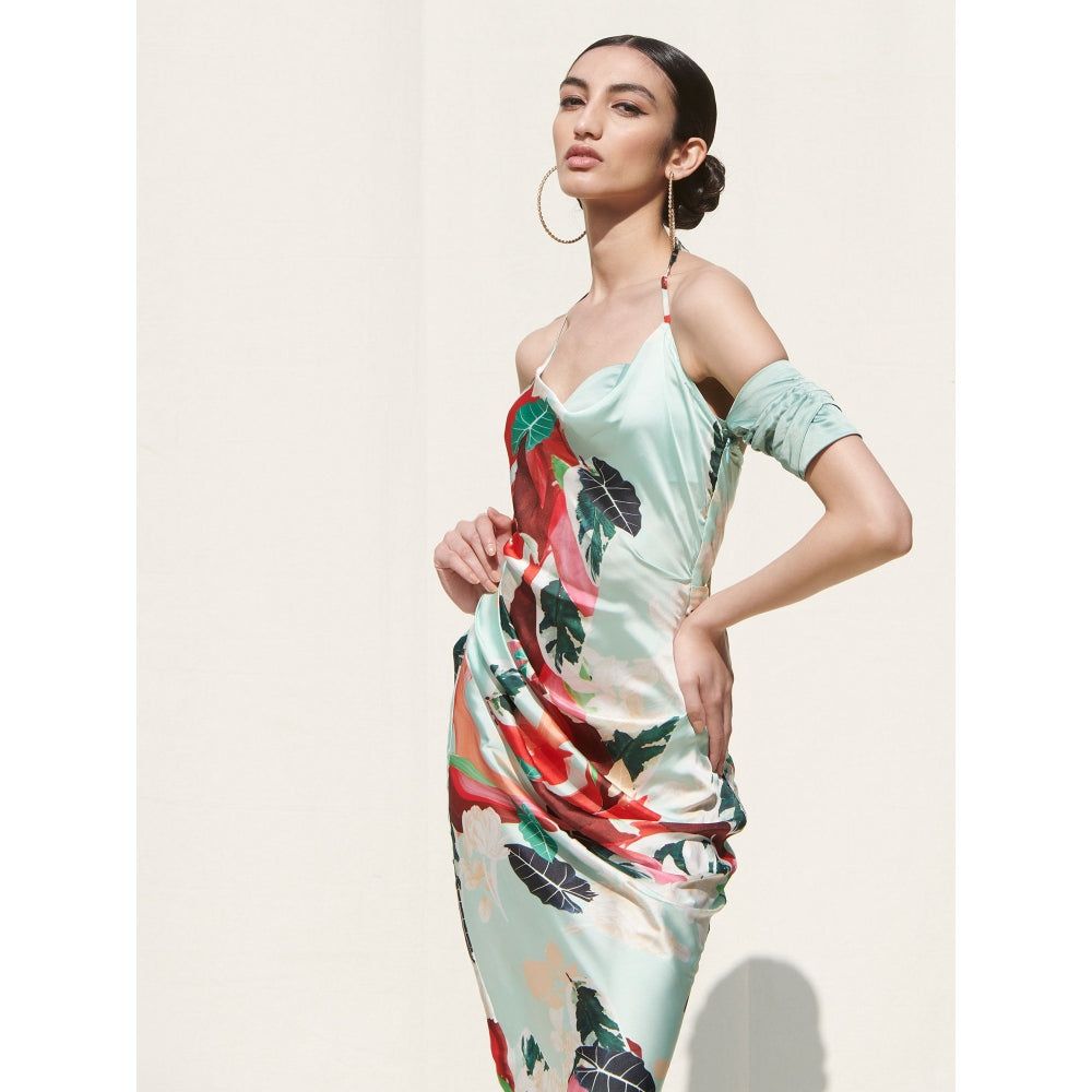 MANDIRA WIRK Drap Slipe Dress with Pleating Details On Sleeves Green