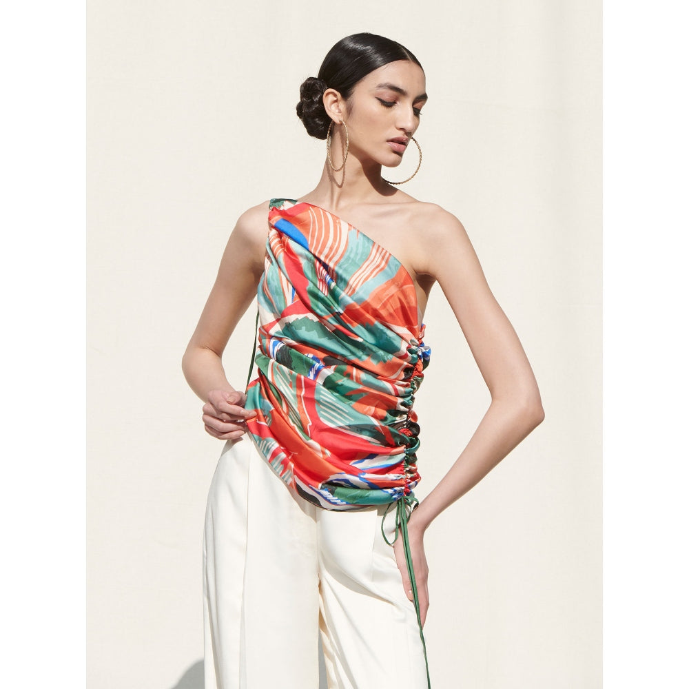 MANDIRA WIRK Draped One Shoulder Top Paired with An Ivory Pallazo Multi-Color (Set of 2)