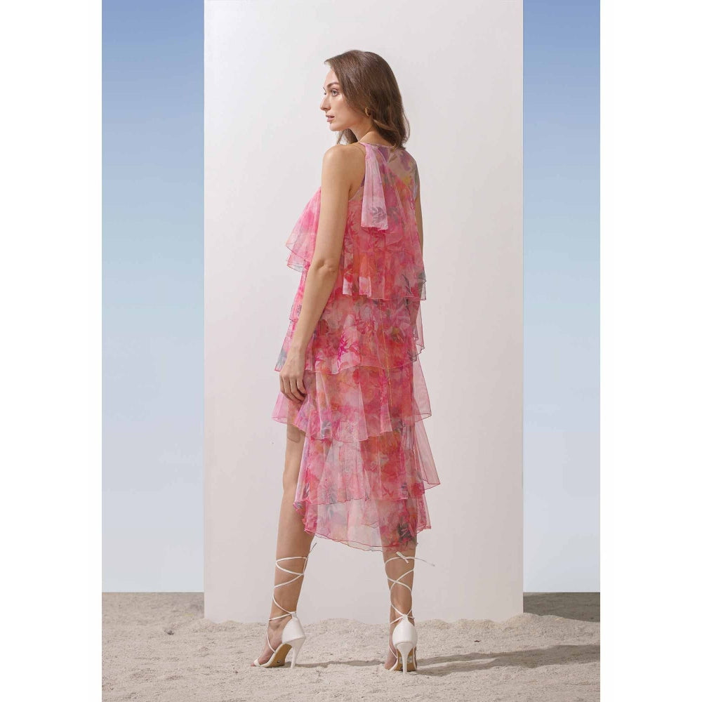 MANDIRA WIRK Butterfly Net Floral Tiered Dress