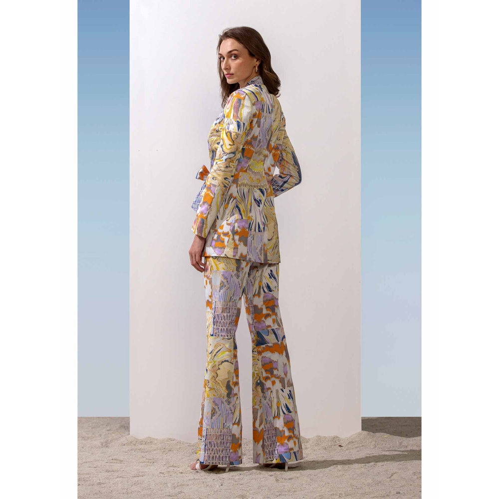 MANDIRA WIRK Satin Marble Print Front Tie-Up Jacket & Pants (Set of 2)