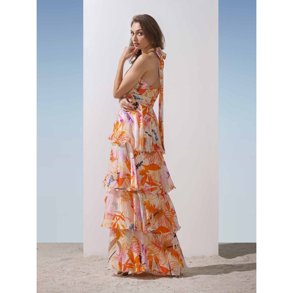 MANDIRA WIRK Lurex Georgette Halter Tiered Dress