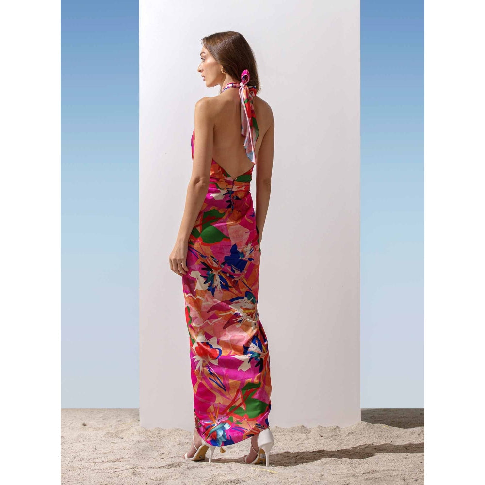 MANDIRA WIRK Abstract Print Satin Halter Neck Dress