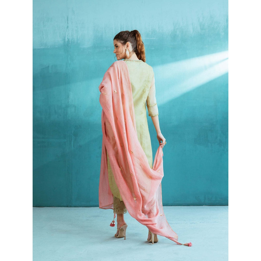 MANDIRA WIRK Pista Green Tissue Chanderi Kurta (Set of 4)