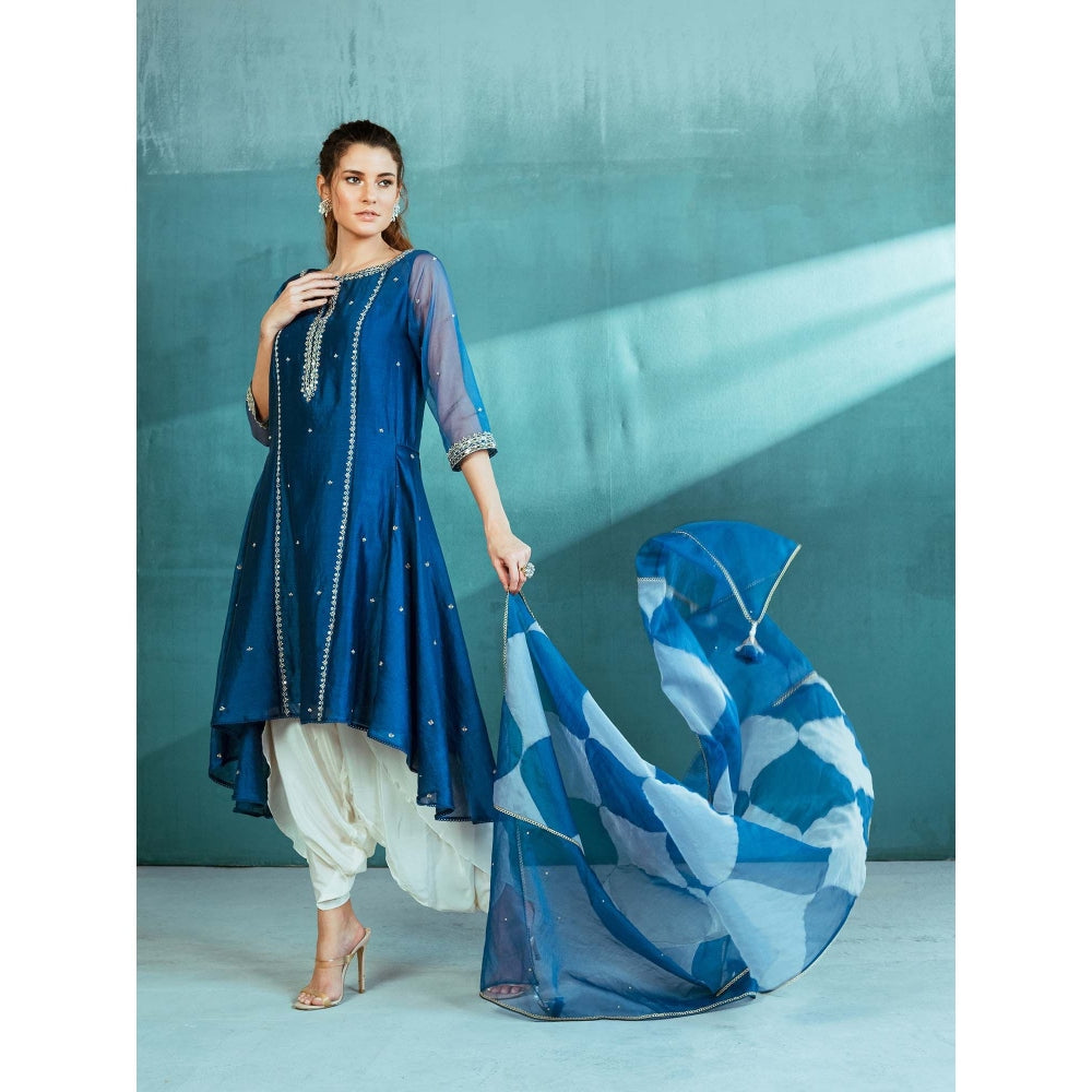 MANDIRA WIRK Blue Chanderi Godet Kurta Dhoti (Set of 4)