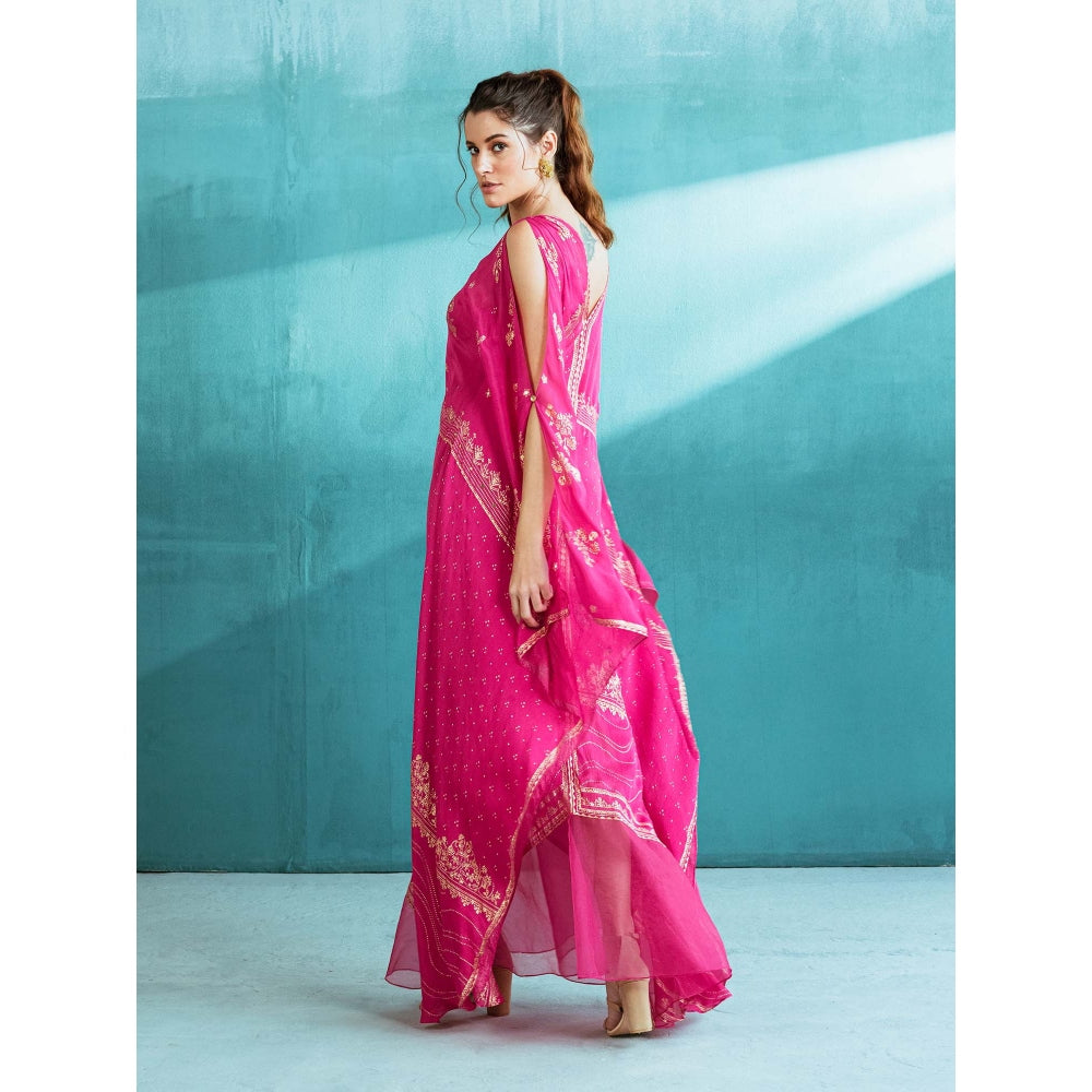MANDIRA WIRK Fuschia Pink Chiffon Kaftan with Inner Slip (Set of 2)