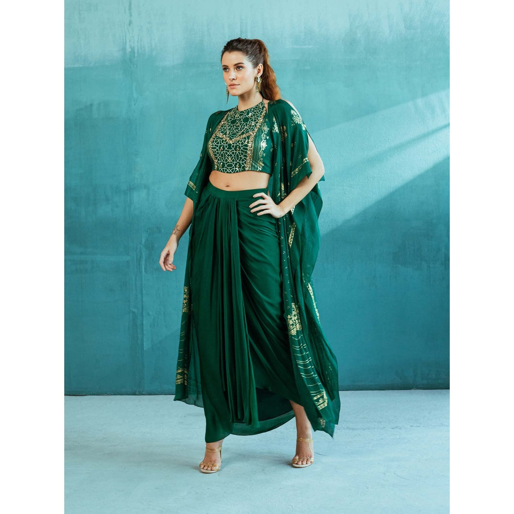 MANDIRA WIRK Emerald Green Cape with Blouse and Lehenga (Set of 3)