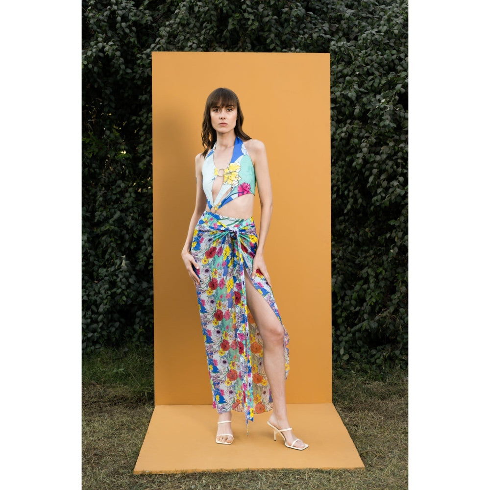 MANDIRA WIRK Hibiscus Printed Body Suit with Long Chiffon Sarong (Set of 2)