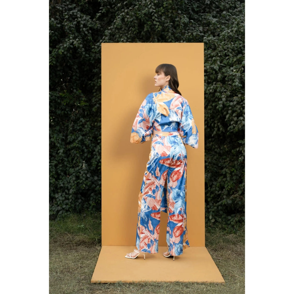 MANDIRA WIRK Hawaii Printed Satin Wrap Top with Bell Bottom Pants (Set of 2)