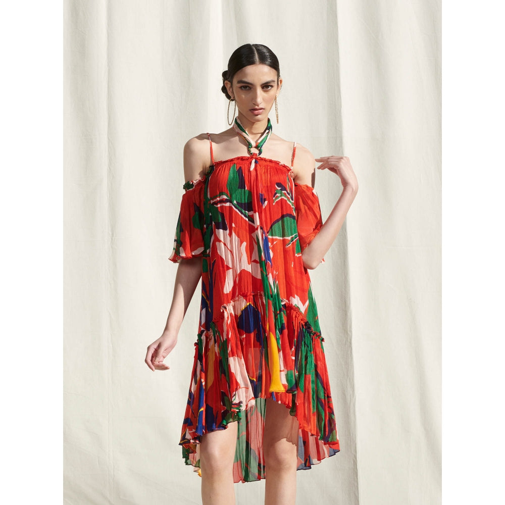 Mandira Wirk Red Printed Chiffon Dress