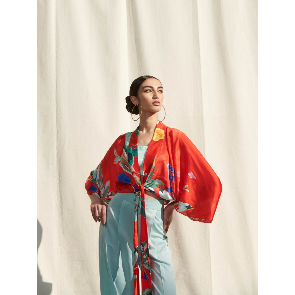 Mandira Wirk Red Printed Crepe Kaftan Top & Camisole With Pant (Set Of 3)