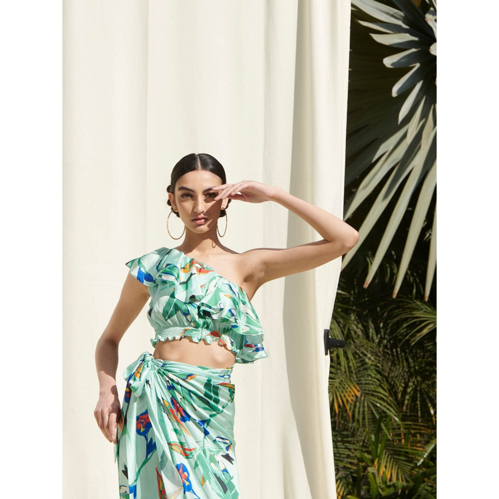 Mandira Wirk Mint Green Printed Crepe Crop Top With Skirt (Set Of 2)