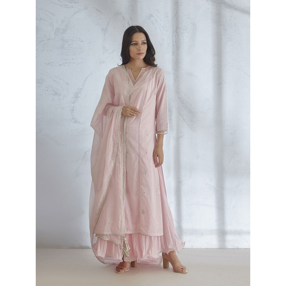 Mandira Wirk Icy Pink Hand Embroidered Kurta With Gota Dupatta & Long Slip (Set of 3)