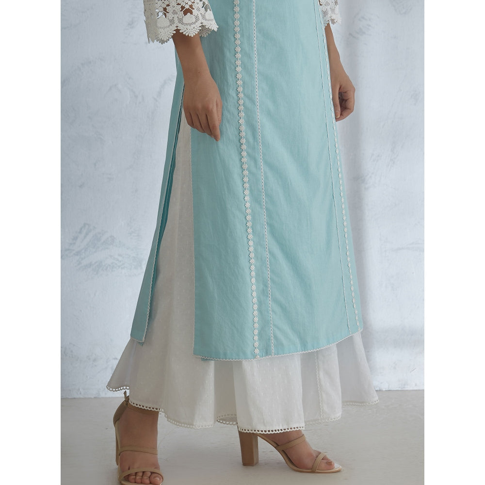 Mandira Wirk Light Blue Kurta With Lace Detailing & Panelled Palazzo (Set of 2)