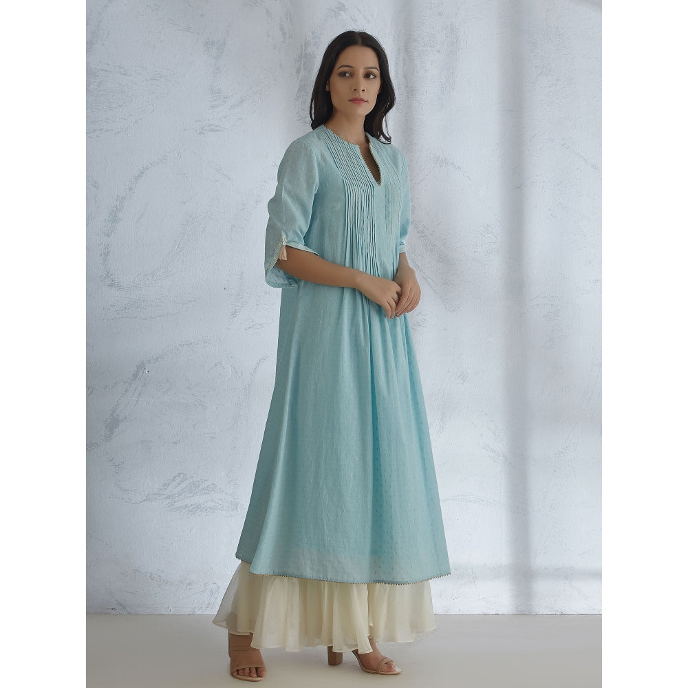Mandira Wirk Blue Kurta With Pin Tuck Detailing And Ivory Tiered Sharara (Set of 2)