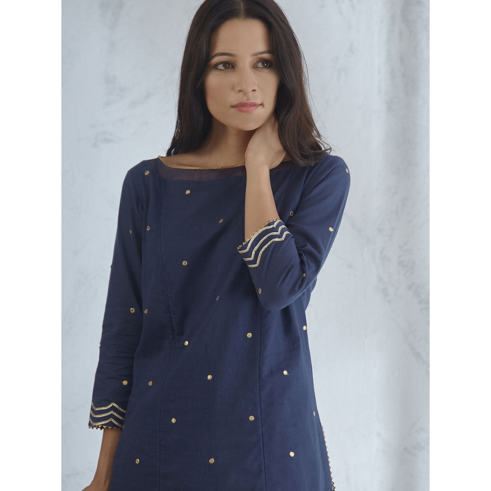 Mandira Wirk Short Navy Gota Embroidered Kurta With Dhoti Pants And Dupatta (Set of 3)