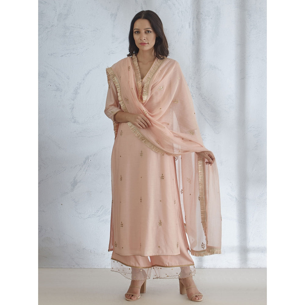 Mandira Wirk Peach Embroidered Kurta With Palazzo & Dupatta