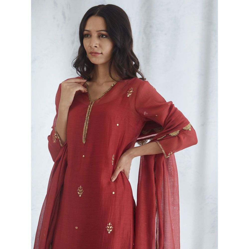 Mandira Wirk Wine Gota Embroidered Kurta Embellished Circular Palazzo & Dupatta (Set of 3)