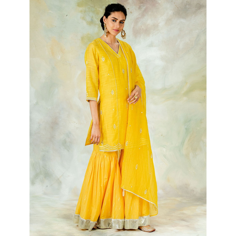 Mandira Wirk Scalloped Kurta With Silver Gota Embroidery And Sharara & Dupatta (Set of 3)