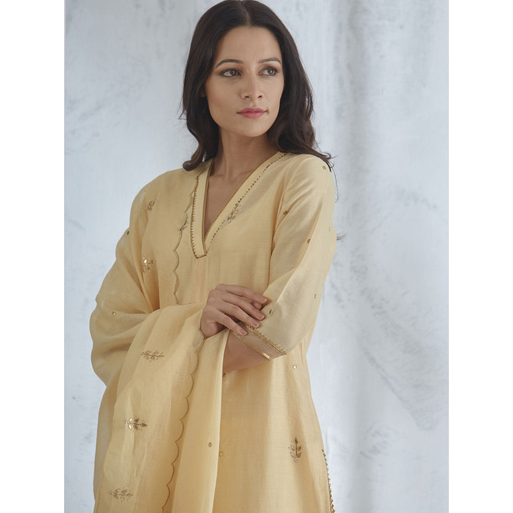 Mandira Wirk Pale Yellow Hand Embroidered Kurta With Sharara And Dupatta (Set of 3)