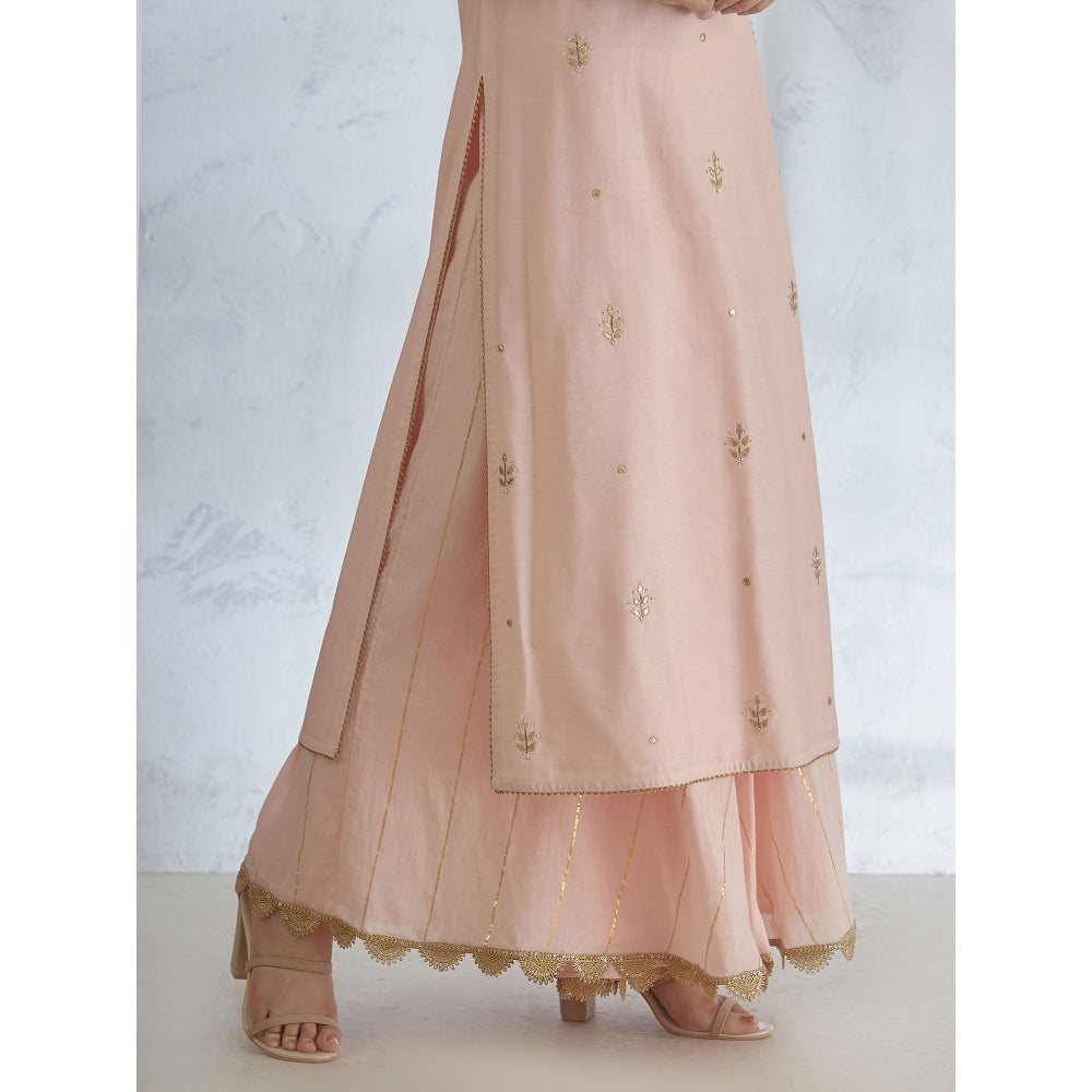 Mandira Wirk Peach Embroidered Kurta With Palazzo & Dupatta