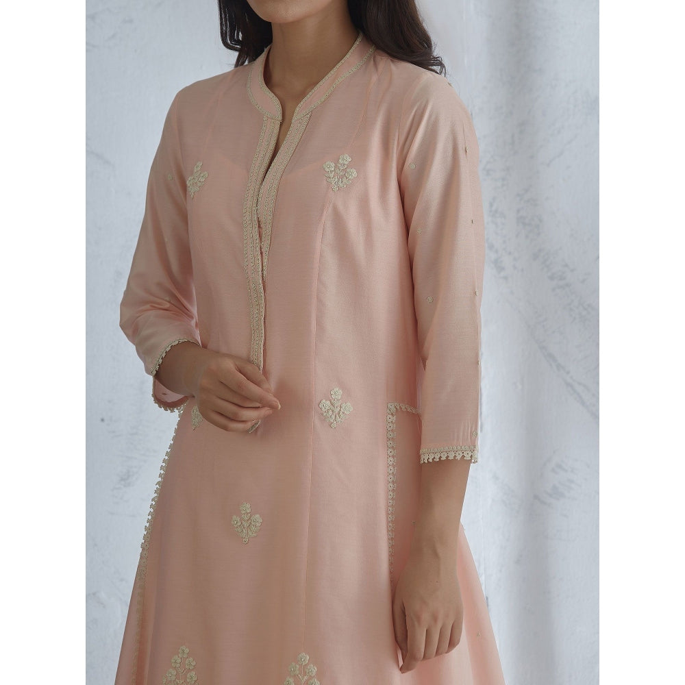 Mandira Wirk Peach Embroidered Kurta With Sharara And Scarf (Set of 3)