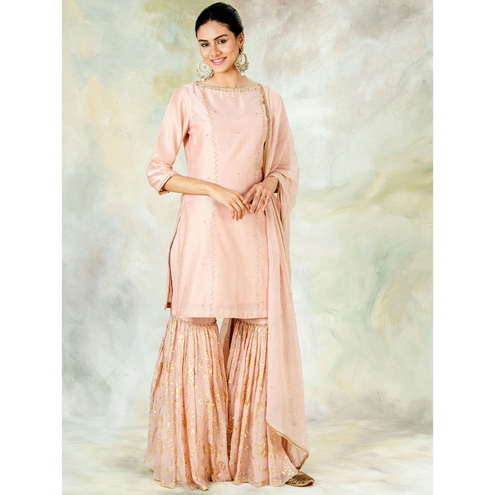 Mandira Wirk Peach Sequin Embellished Kurta With Foil Print Garara And Dupatta (Set of 3)