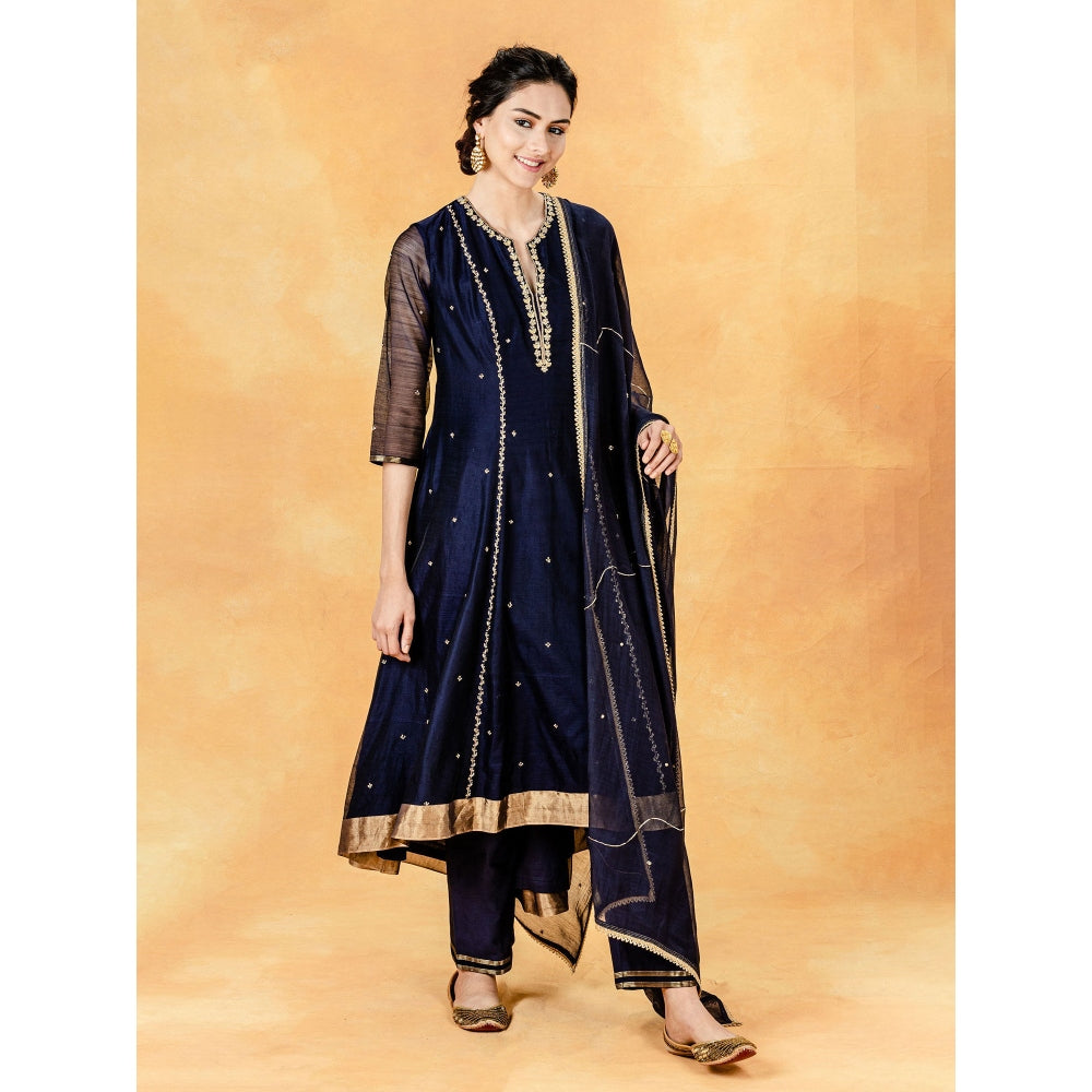 Mandira Wirk Navy Hand Embroidered Kurta With Zardozi Pant And Embellished Dupatta (Set of 3)