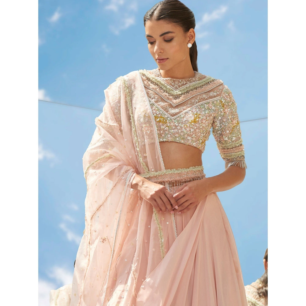 Mandira Wirk Peach Valley Of Flower Embroidered Valley Skirt With Kurta & Dupatta (Set of 3)