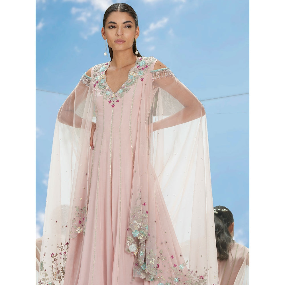 Mandira Wirk Pink Carnation Chiffon Drape Kalidar Pant With Kurta & Dupatta (Set of 3)