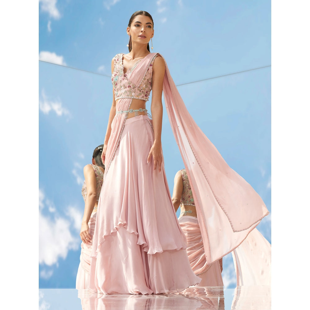 Mandira Wirk Pink Eden Embroidered Tier Drape Saree Stitched Blouse With Dupatta (Set of 3)