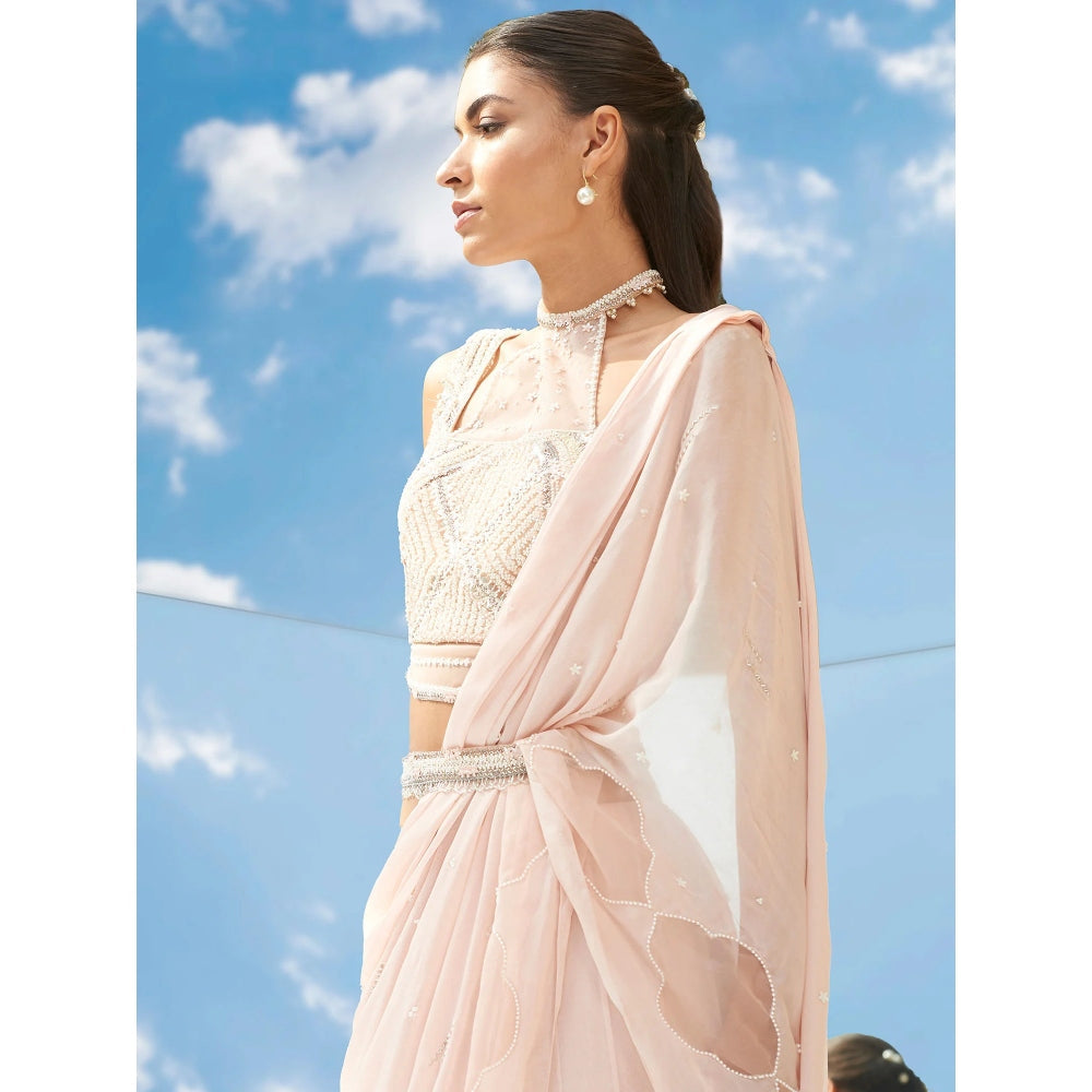 Mandira Wirk Pearly Peach Embroidered Drape Saree With Stitched Blouse (Set of 2)