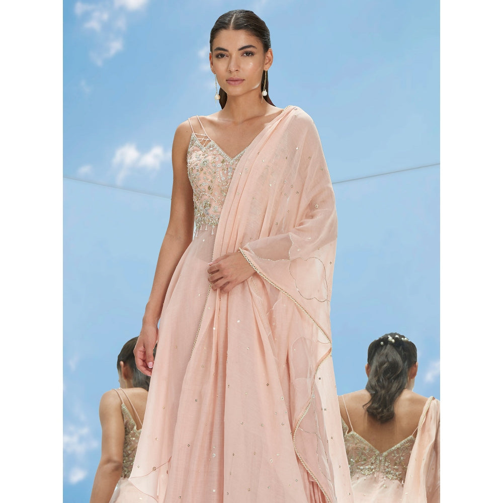 Mandira Wirk Peach Metallic Fantasy Embroidered Tunic And Garara With Dupatta (Set of 3)