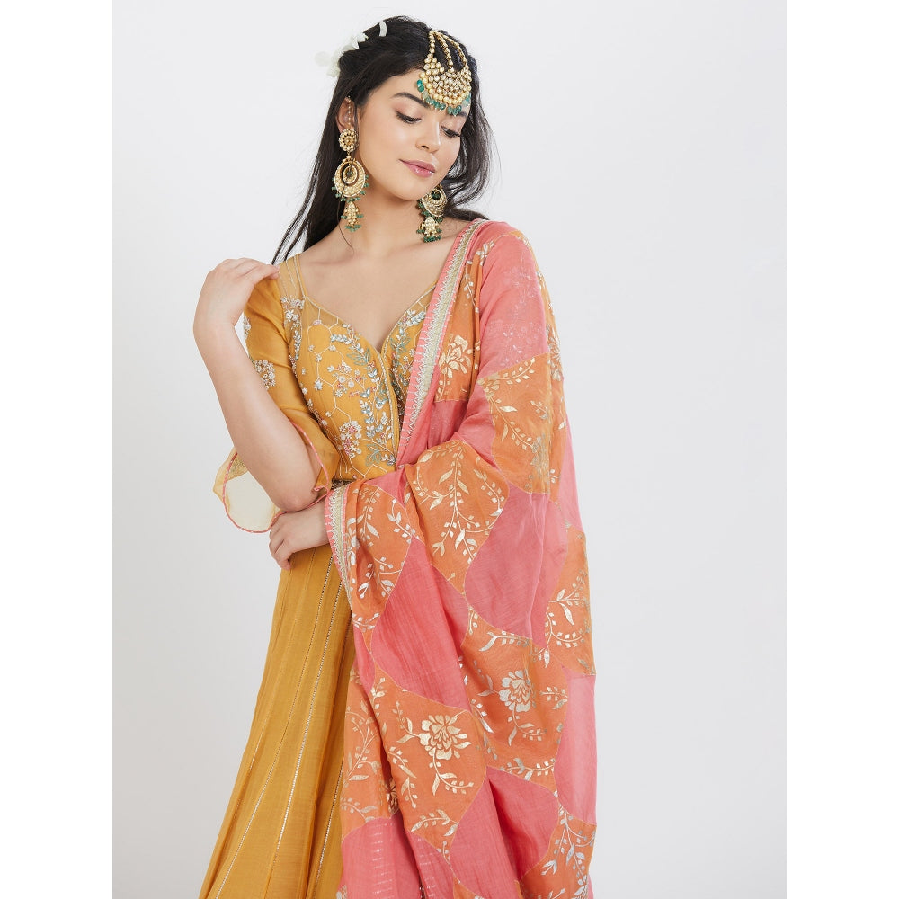 MANDIRA WIRK Yellow Embroidered Anarkali (Set Of 3)