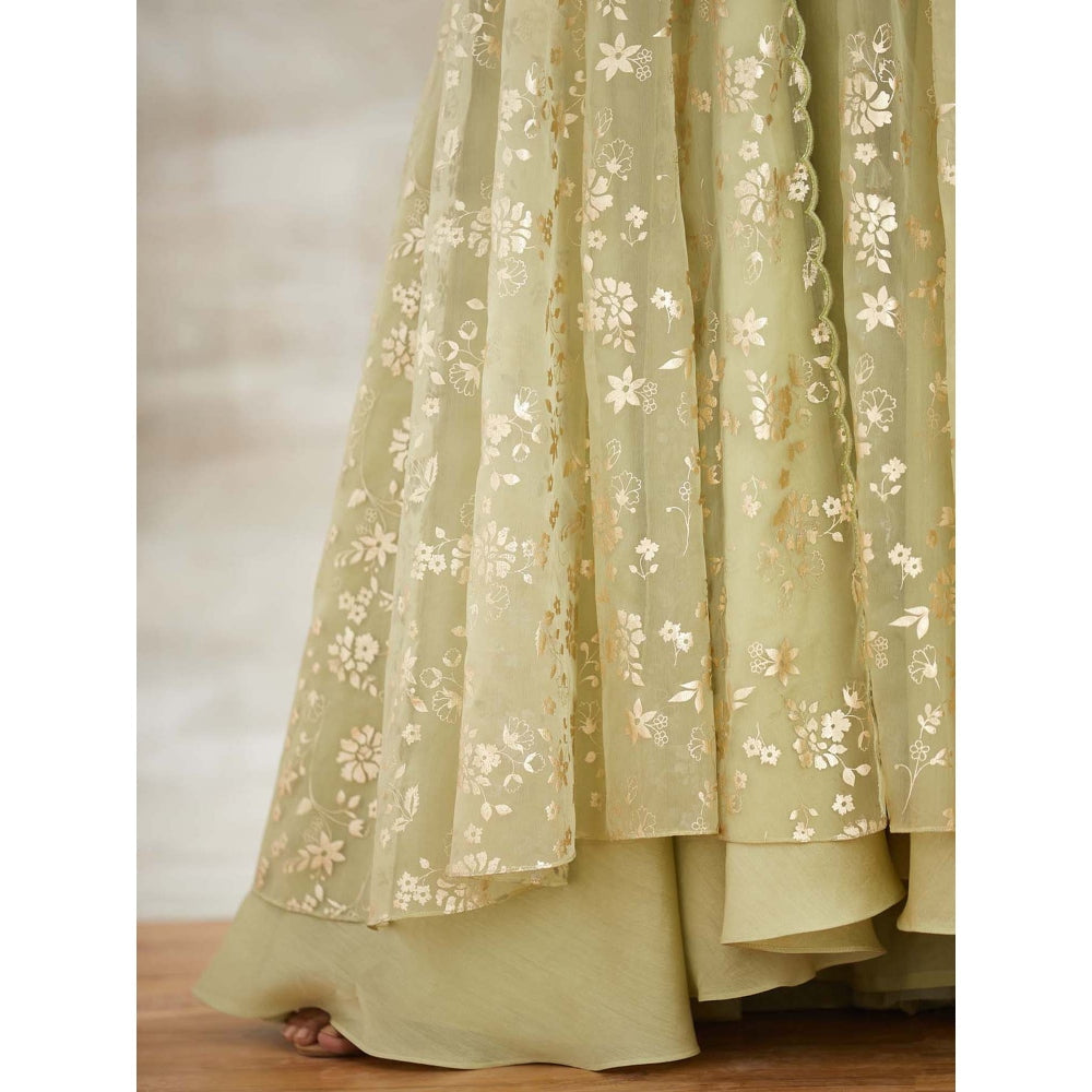 MANDIRA WIRK Green Embellished Gown with Jacket and Chudidar (Set of 3)