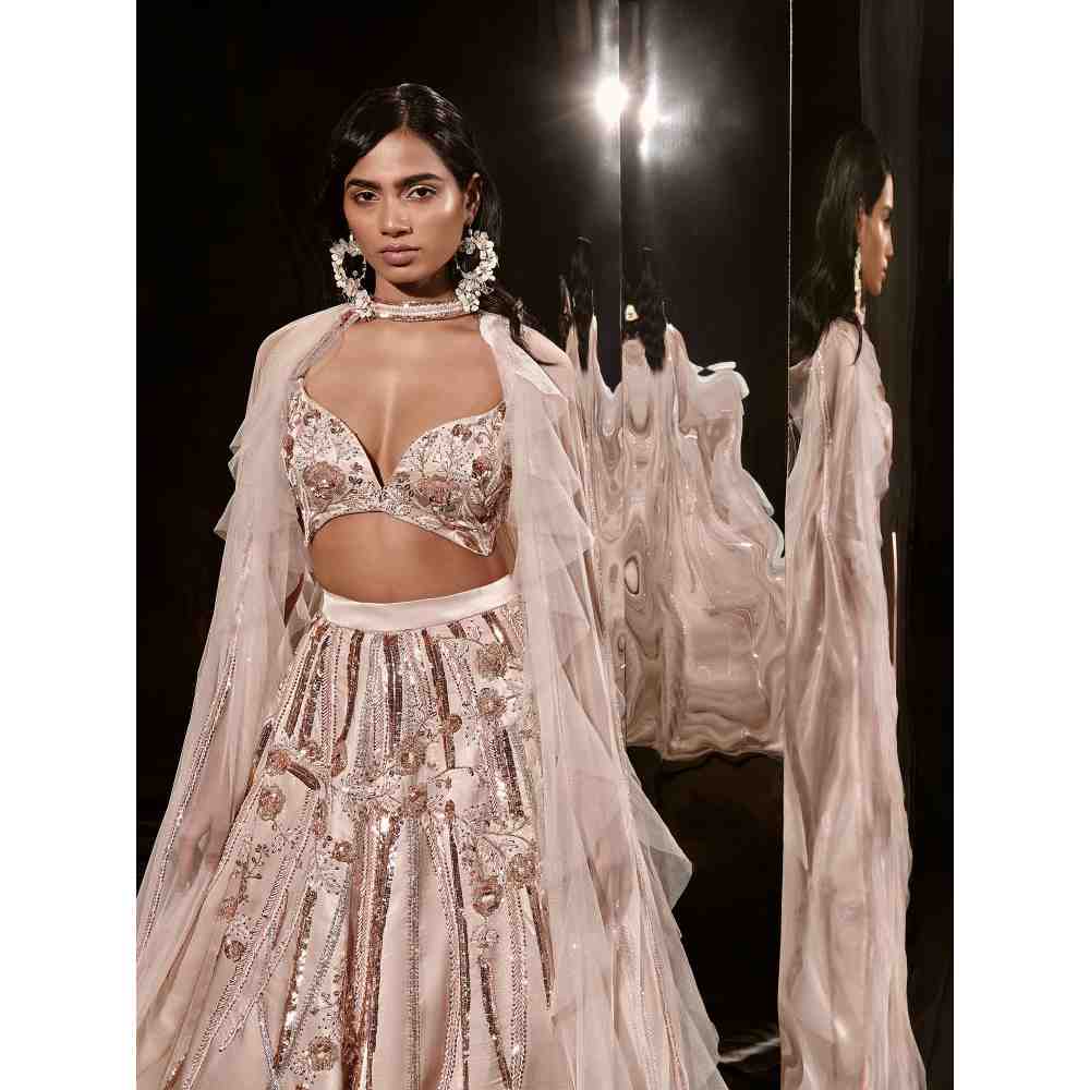 Masumi Mewawalla Nude Embroidered Lehenga with Blouse and Ruffle Cape (Set of 3)