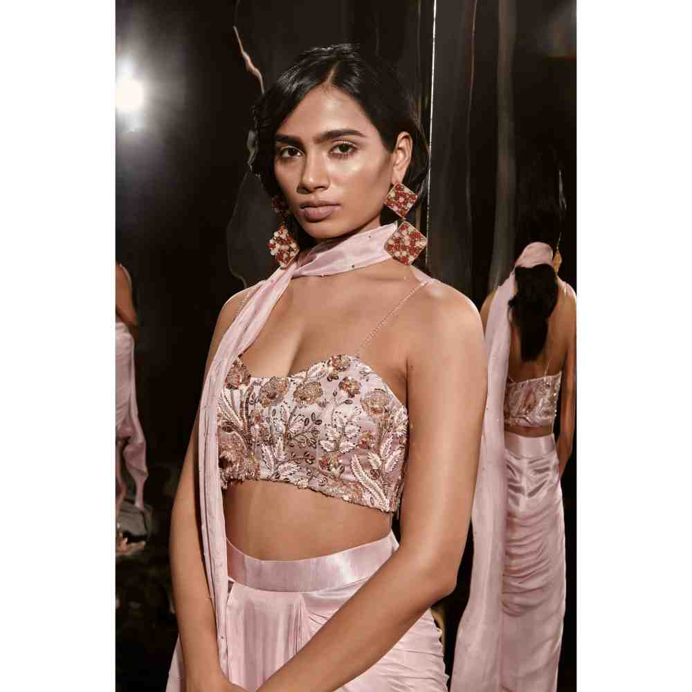 Masumi Mewawalla Rose Gold Embroidered Drape Pant with Blouse and Scarf (Set of 3)