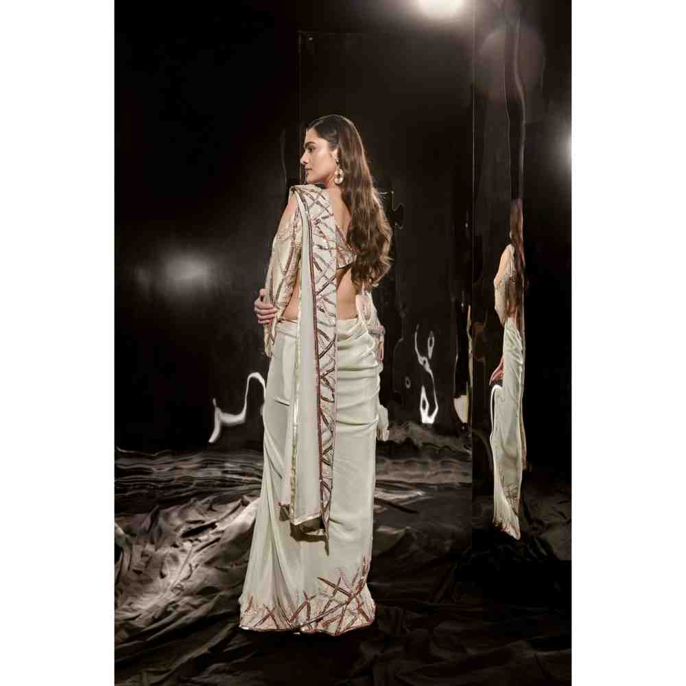 Masumi Mewawalla Sage Green Embroidered Saree with Stitched Blouse