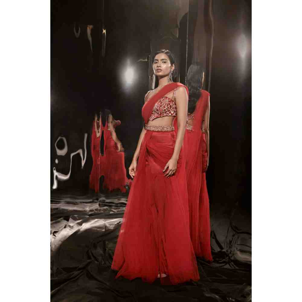Masumi Mewawalla Red Embroidered Sharara Saree with Waist Belt and Bag and Stitched Blouse
