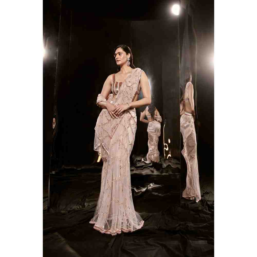 Masumi Mewawalla Pinkish Nude Embroidered Saree with Stitched Blouse (XS)