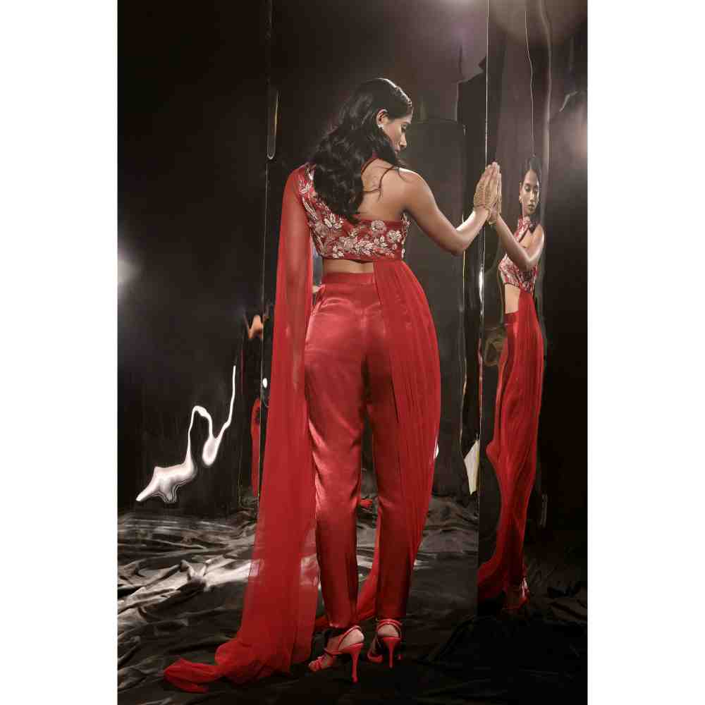 Masumi Mewawalla Red Embroidered Pant and Blouse with Drape (Set of 2)