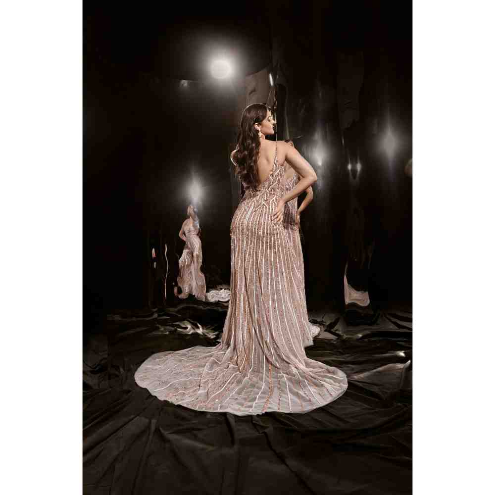 Masumi Mewawalla Silver Embroidered Gown with Trail