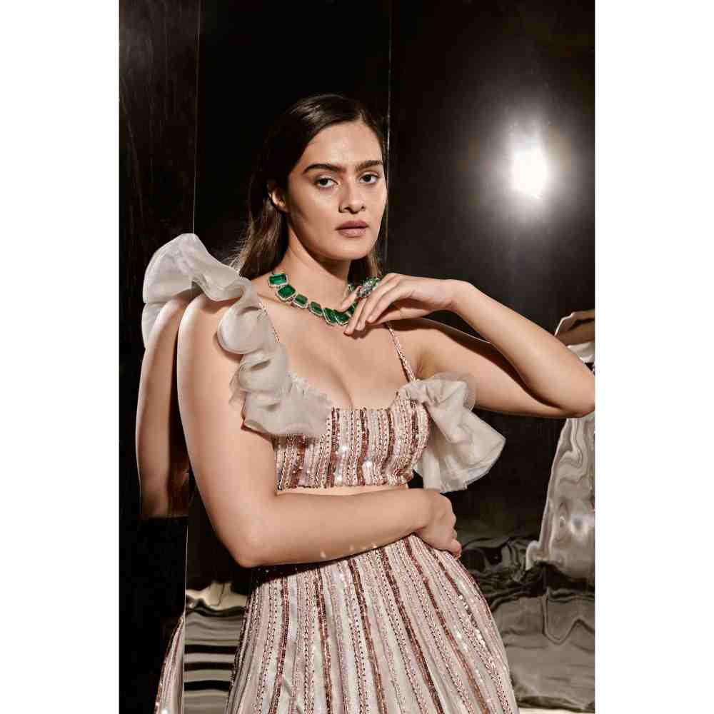 Masumi Mewawalla Silver Embroidered Lehenga with Ruffle Blouse (Set of 2)